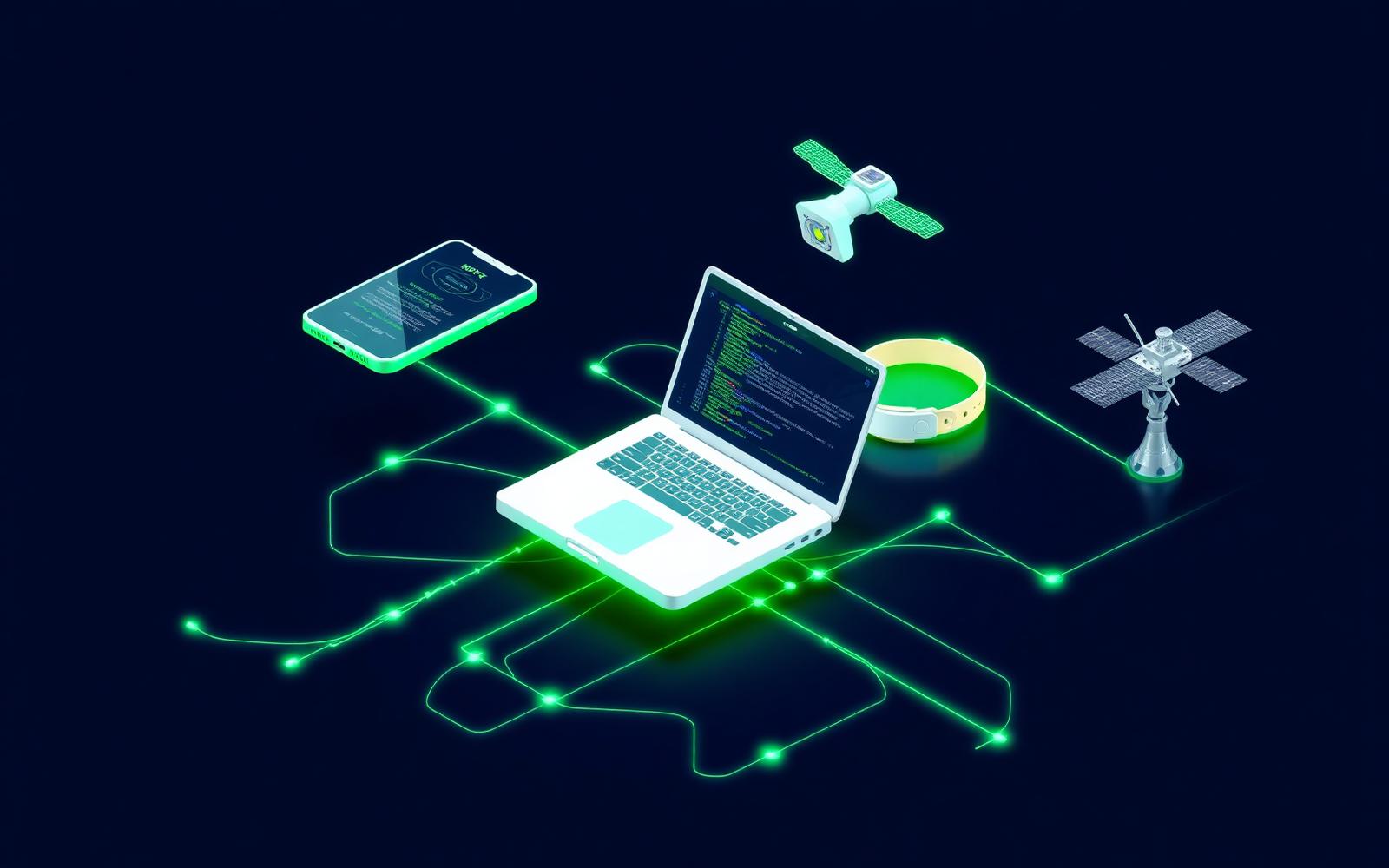Isometric render of devices connected by glowing lines